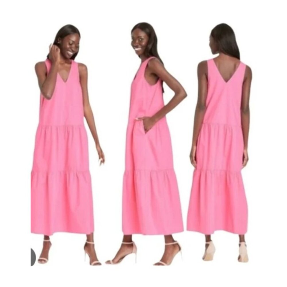 Who What Wear. Pink Sleeveless V-Neck Tiered Midi Dress. Size M.